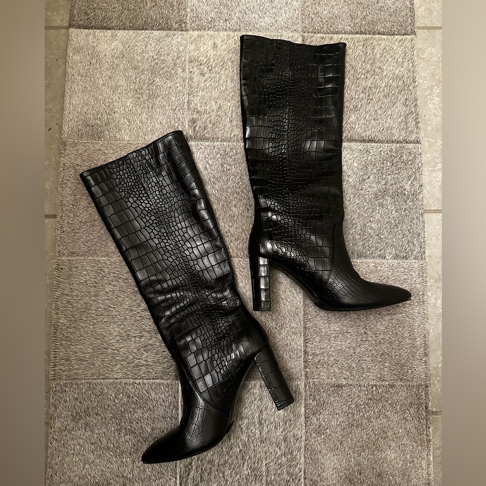 PAIGE Women’s Carmen Knee High Croc Leather Boots in Black